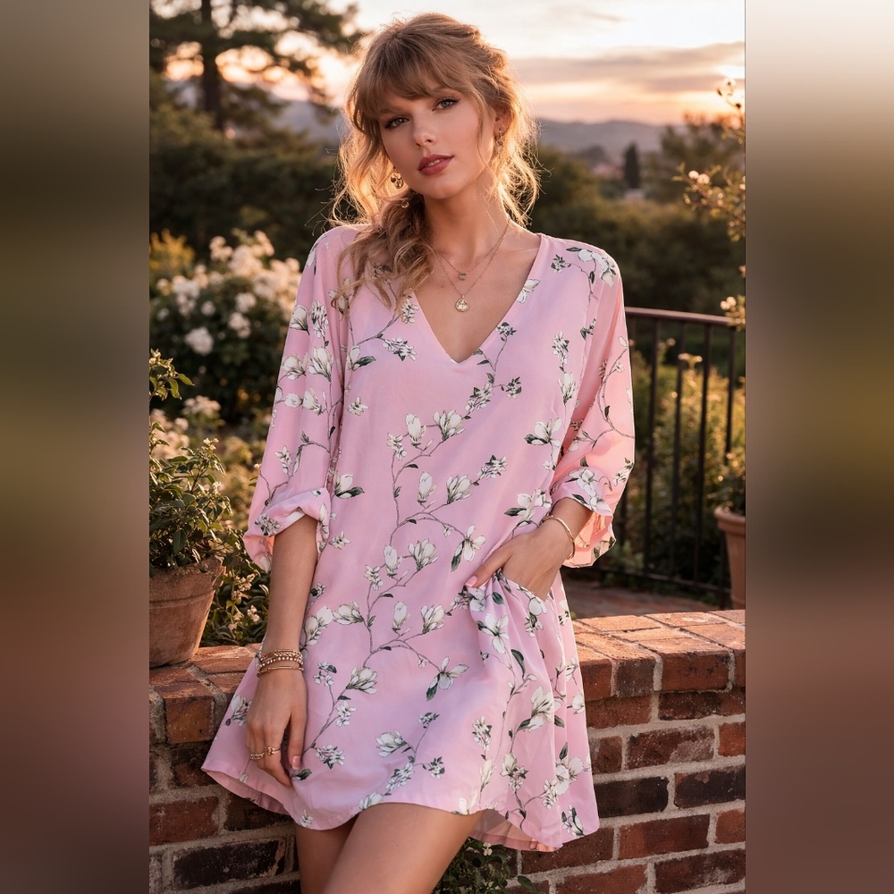 Size Large Belongsci Pink Floral V-Neck Swing Dress